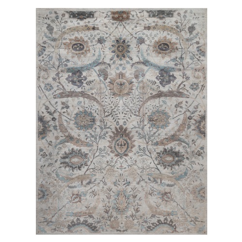 Light Gray, Sickle Leaf Design, Silk with Textured Wool, Plush and Lush, Hand Knotted, Borderless, Oriental Rug